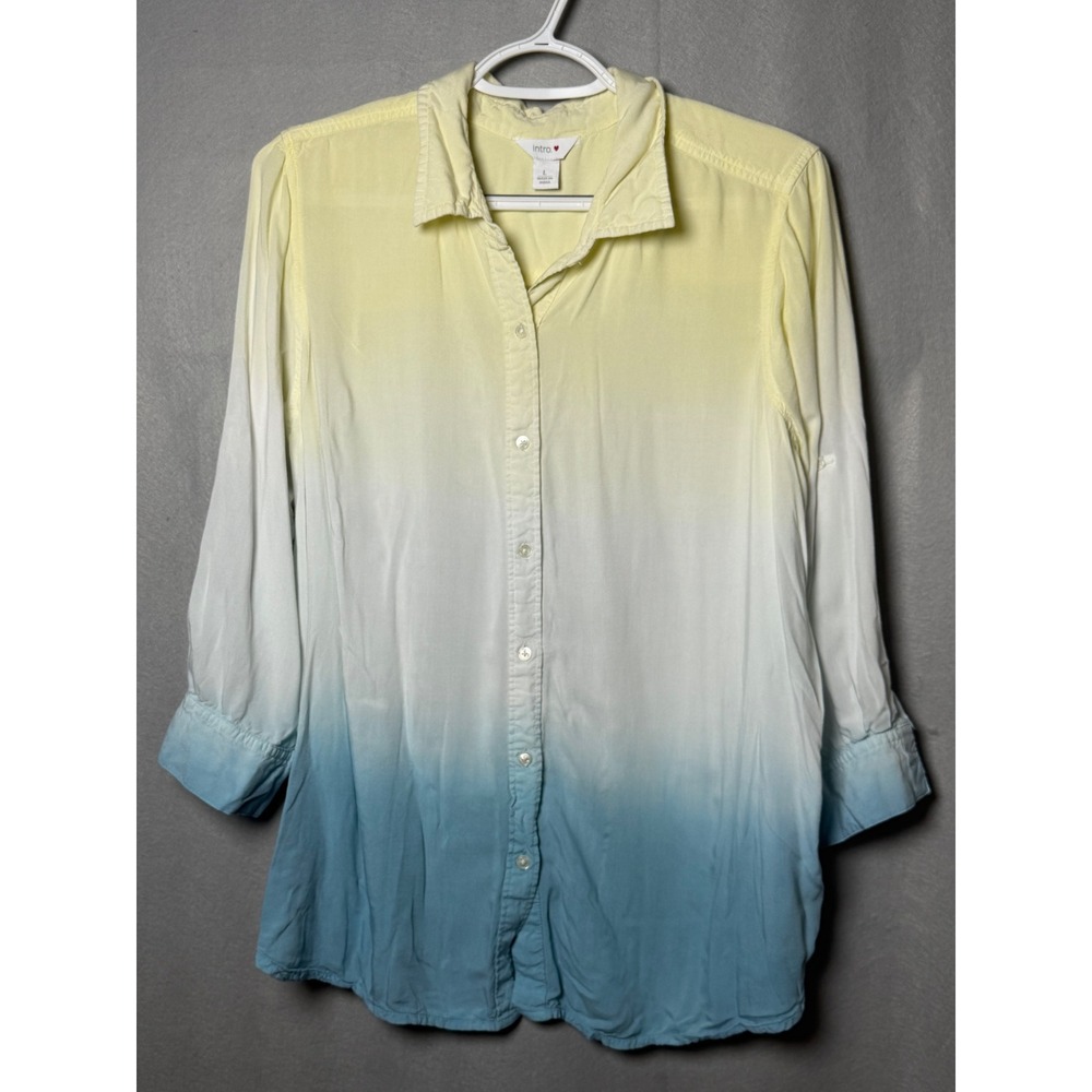 Intro Womens Ombre Dip Dye Rayon Button Down Shirt Yellow Blue Size L 42585RHS